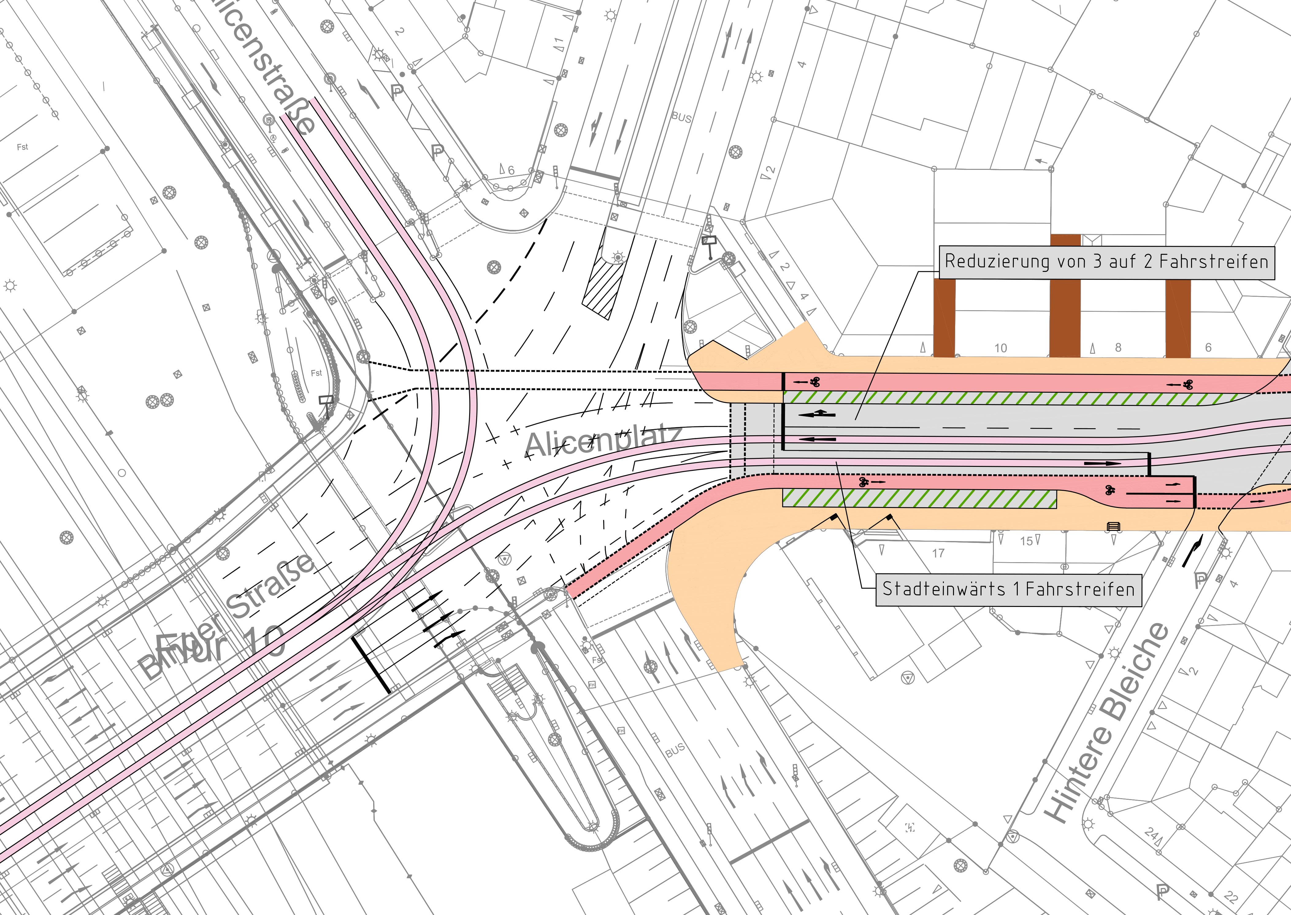 Lageplan, Stand Vorplanung - Westseite Alicenplatz - Bahnhofstraße - Straßenbahnausbau Mainz Binger Straße Lageplan, Stand Vorplanung