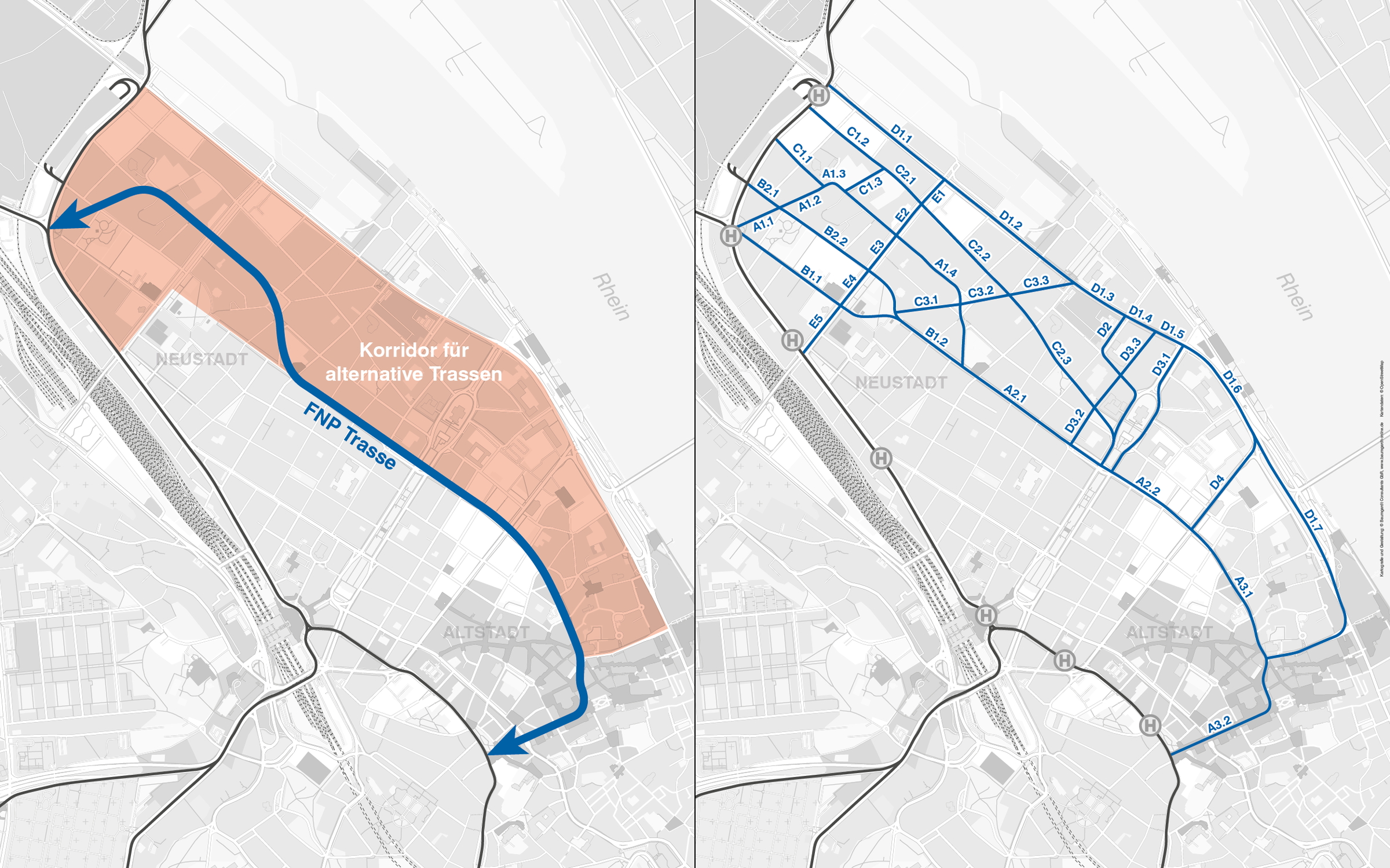 Untersuchungskorridor aus dem Flächennutzungsplan (links) und technisch umsetzbare Streckenabschnitte (rechts)