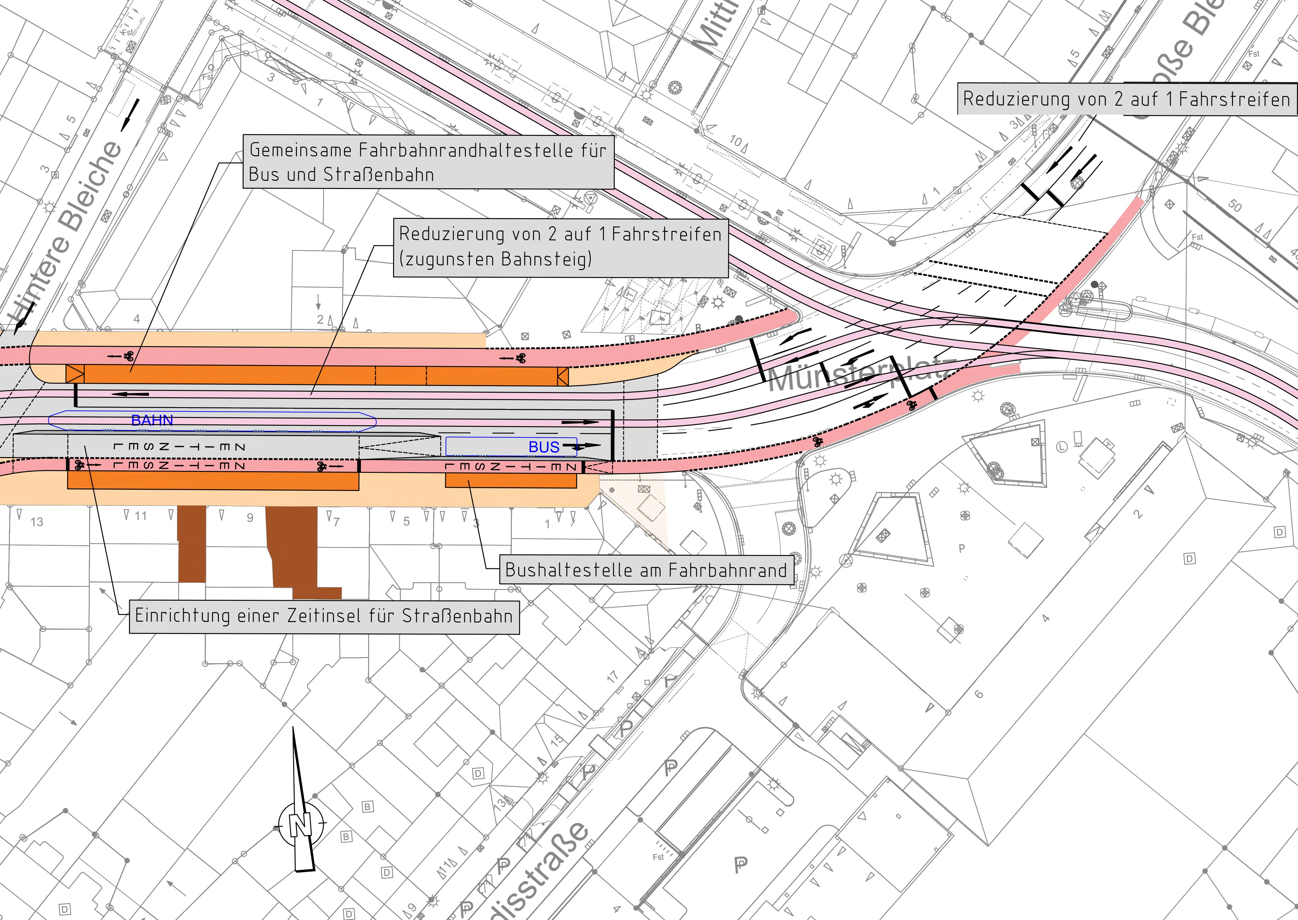 Lageplan, Stand Vorplanung - Ostseite Bahnhofstraße - Münsterplatz - Straßenbahnausbau Mainz Binger Straße Lageplan, Stand Vorplanung