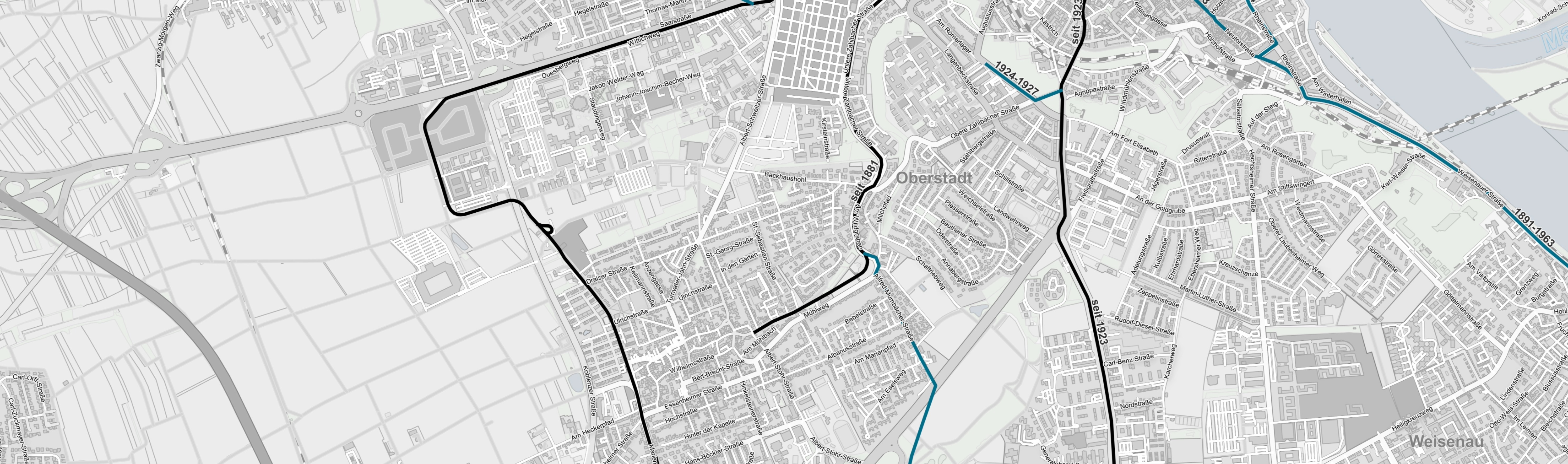 Kartenausschnitt zur Entwicklung des Mainzer Straßenbahnnetzes Dritter Kartenausschnitt