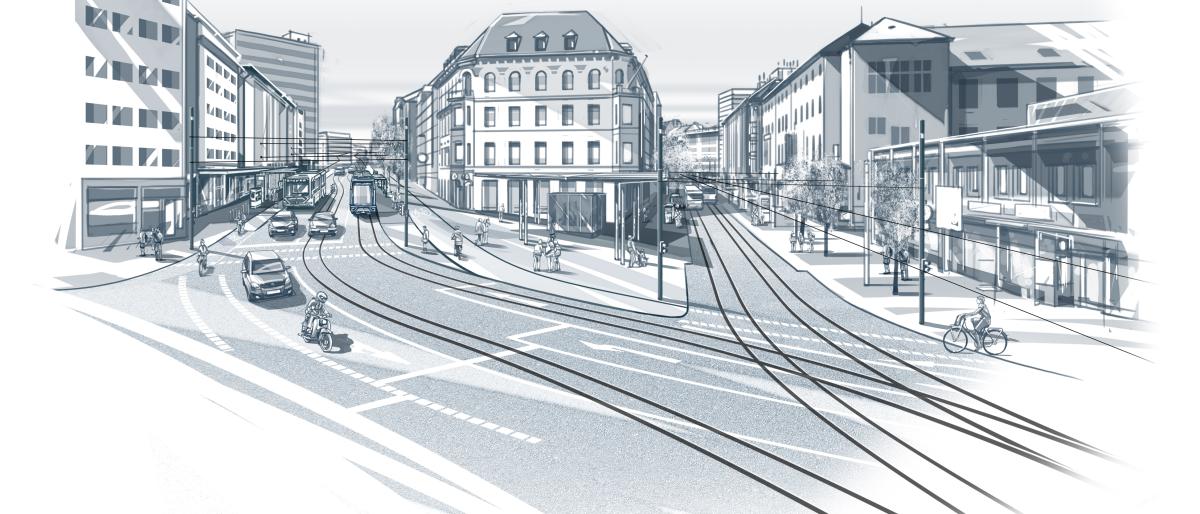 Illustration des Münsterplatzes inkl. der Straßenbahnschienen Illustration des Münsterplatzes inkl. der Straßenbahnschienen