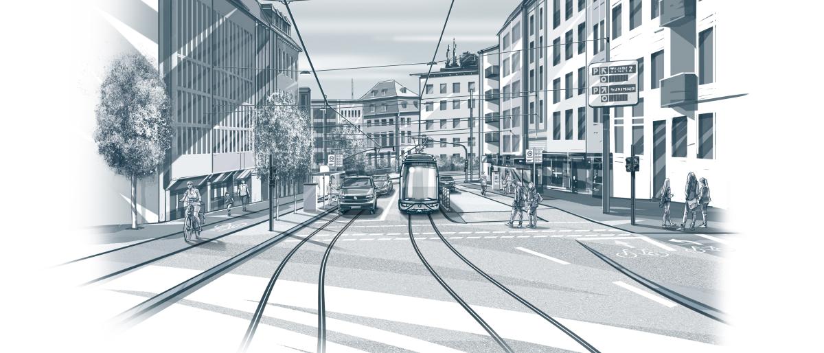 Illustration der Binger Straße mit einer Zeitinsel