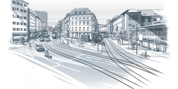 Illustration des Münsterplatzes inkl. der Straßenbahnschienen